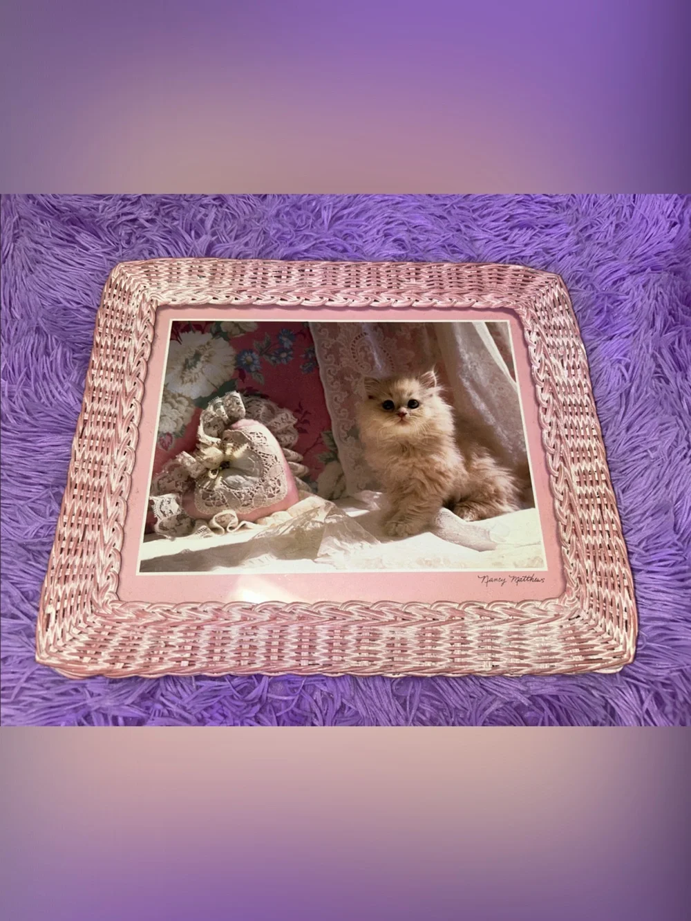 Pink Wicker Picture Frame with Kitten Art by Nancy Matthew’s